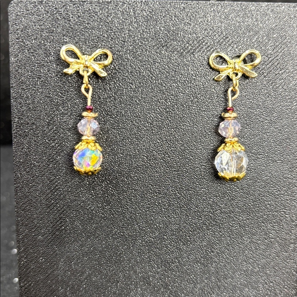 Gold Bow Crystal Drop Earrings - Pink/Clear - Picture 3 of 3